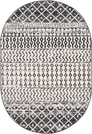 Oval Constantin Area Rug with black and gray bohemian diamond and zigzag patterns. Machine woven polypropylene rug. Design-Oval-46