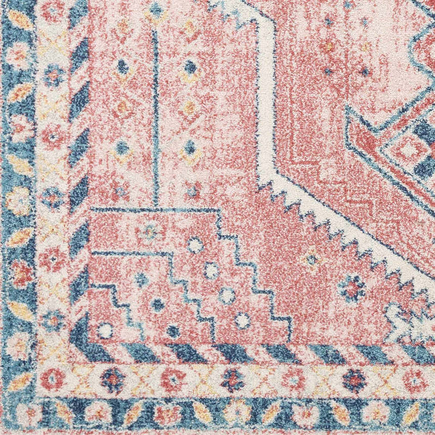 Close up of the Conder Area Rug showing its bohemian, traditional design in pink, blue, and cream. Swatch