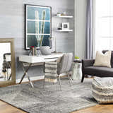 Contemporary home office with cream and black Conshohocken Area Rug, white desk, gray chair, and modern decor. Roomscene-Rectangle