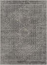 Close-up of the Consuelo Washable Area Rug, featuring a black and gray oriental-inspired geometric pattern. Design-Rectangle-537