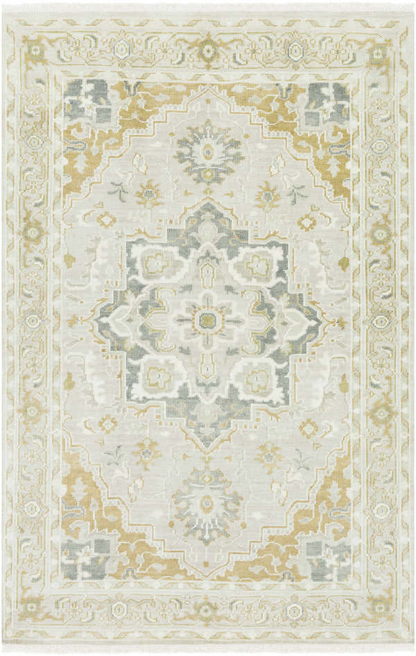 Close-up of the Convent Area Rug. Hand-knotted wool rug in cream, light sage, mustard, and tan with a traditional oriental pattern. Design-Rectangle-69