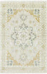 Close-up of the Convent Area Rug. Hand-knotted wool rug in cream, light sage, mustard, and tan with a traditional oriental pattern. Design-Rectangle-69