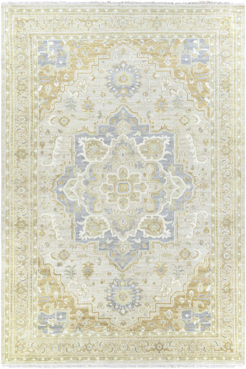 Close-up of the Convent Area Rug: a hand-knotted wool rug in cream, light sage, mustard, and tan with an oriental pattern. Design-Rectangle-913