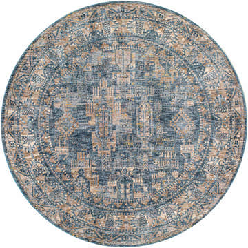 Round Mirabel Denim Blue Traditional Rug with cream, brown, and blue oriental pattern. Design-Round-67