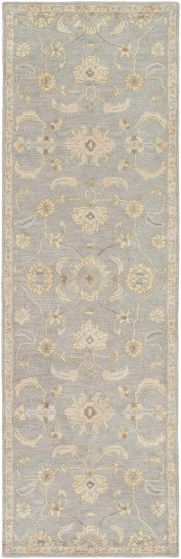 Close-up of the Copen Beige Floral Wool Rug, featuring a traditional floral pattern in beige, tan, and pale blue on a soft beige background. Design-Runner-268