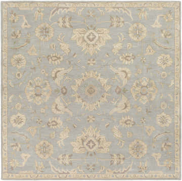 Close-up of the Copen Beige Floral Wool Rug, showcasing its intricate floral pattern and soft beige, tan, and pale blue hues. Design-Square-8