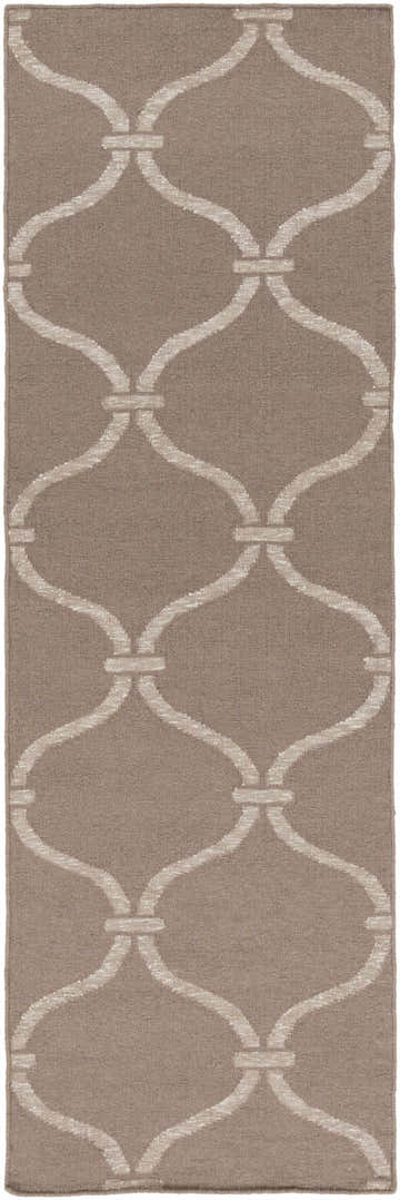 Close-up of the Coraopolis Area Carpet. Light gray and taupe hand woven wool runner with a contemporary trellis pattern. Design-Runner-268