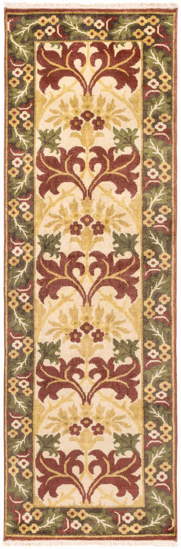 Close-up of a hand-knotted Corbridge Area Carpet. Floral design in burgundy, olive, light beige, and dusty coral wool. Design-Runner-268