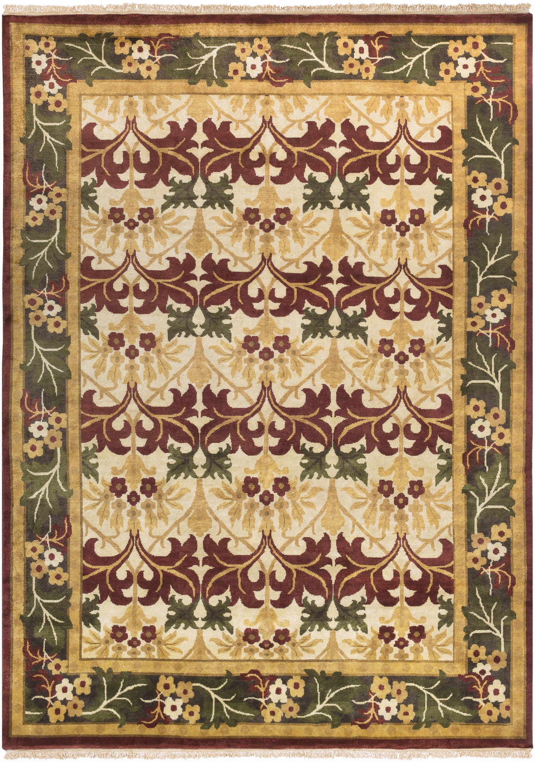 Detailed Corbridge Area Carpet in black, burgundy, olive, and beige wool. Features a traditional floral and leaf pattern. Design-Rectangle-811