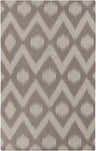 Close-up of the Corinna Area Rug. Hand woven wool rug with charcoal and gray diamond ikat pattern. Design-Rectangle-58