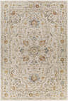 Close-up of a Coromandel Oushak Area Rug. Oriental design with brick red, cream, denim, and light brown floral patterns. Design-Rectangle-6796
