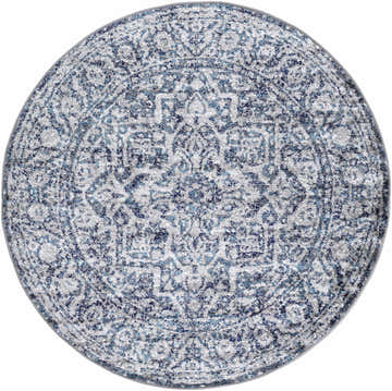 Close-up of a round Costigan Traditional Navy Rug with a blue, gray, and white distressed oriental pattern. Design-Round-53