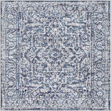 Close-up of the Costigan Traditional Navy Rug, showcasing its intricate blue, gray, and white vintage-inspired pattern. Design-Square-67