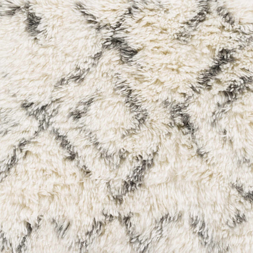 Close-up of the Cotgrave 2x3 Cream Trellis Wool Rug. Soft, shag texture with a subtle geometric trellis design in cream and gray. Swatch