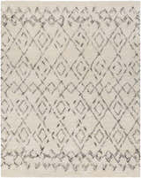 Close-up of Cotgrave 2x3 cream trellis wool rug. Hand woven, shag texture, diamond pattern. Bohemian, farmhouse style. Design-Rectangle-810
