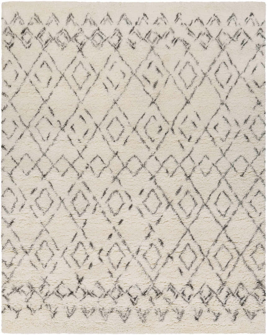 Close-up of Cotgrave 2x3 cream trellis wool rug. Hand woven, shag texture, diamond pattern. Bohemian, farmhouse style. Design-Rectangle-810
