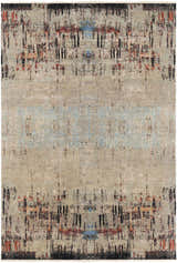 Close-up of the hand-knotted Coudersport Carpet. Contemporary style with black, red, blue, and tan abstract design. 80% Wool. Design-Rectangle-69