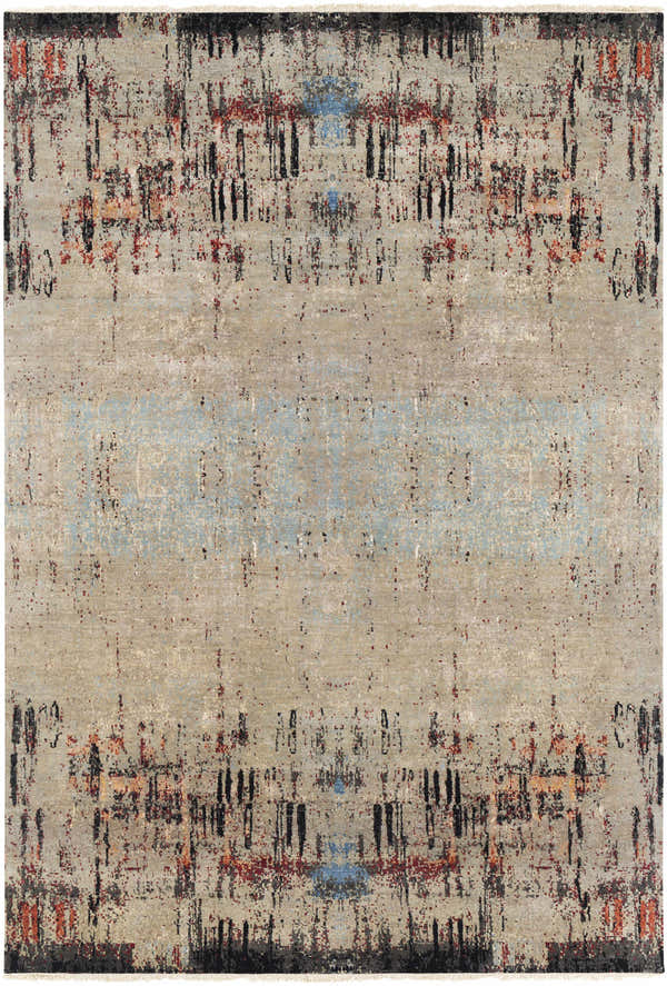Close-up of the hand-knotted Coudersport Carpet. Contemporary style with black, red, blue, and tan abstract design. 80% Wool. Design-Rectangle-69
