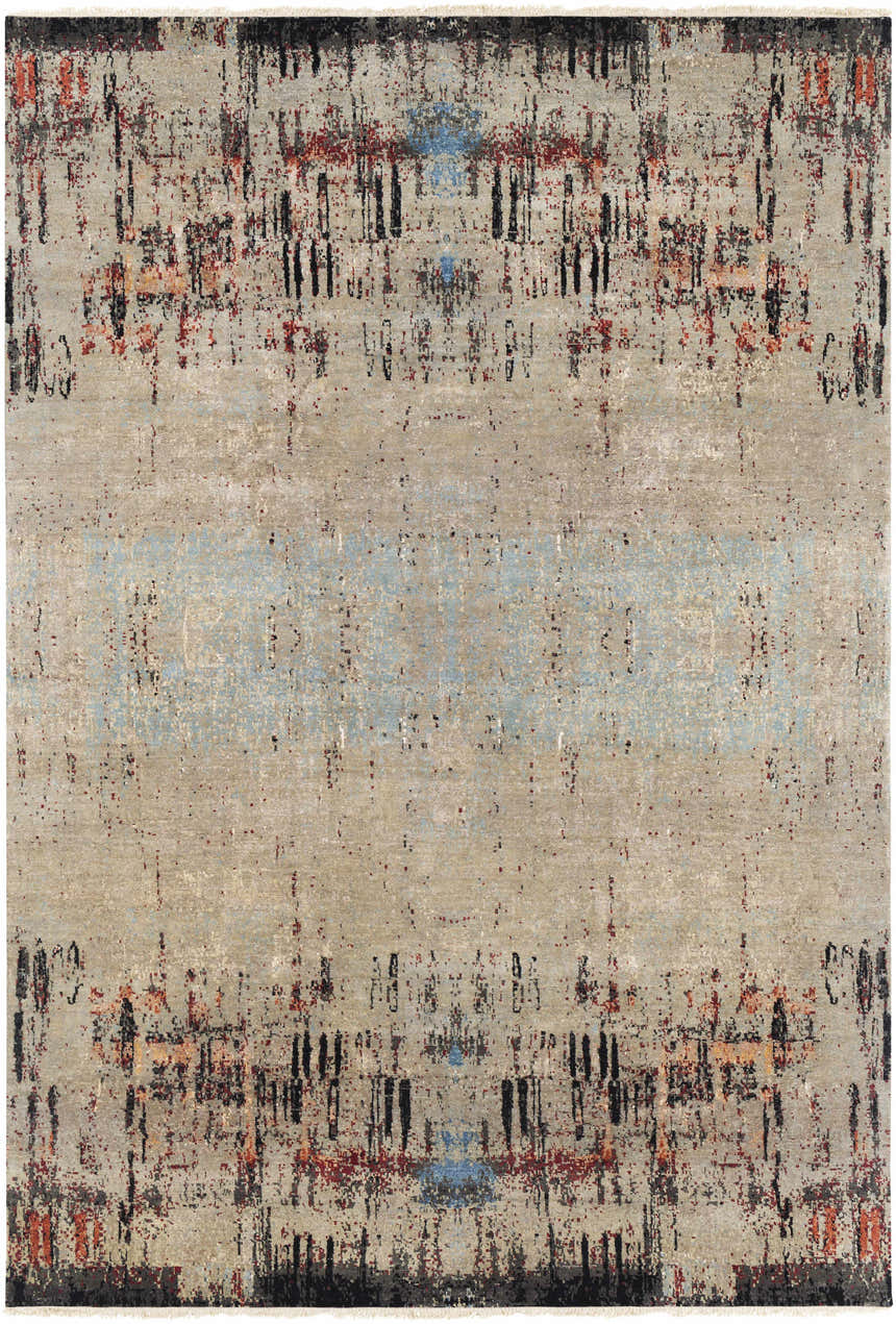 Close-up of the hand-knotted Coudersport Carpet. Contemporary style with black, red, blue, and tan abstract design. 80% Wool. Design-Rectangle-69