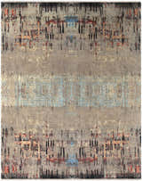Close-up of the Coudersport Carpet. Hand-knotted wool rug in black, brick red, sky blue, and tan with a contemporary abstract design. Design-Rectangle-810