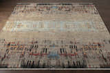 Hand knotted Coudersport Carpet in black, brick red, cream, and sky blue. Contemporary wool rug with abstract design. Front