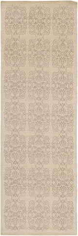 Close-up of the Countyline Area Rug. Neutral runner rug with a subtle, repeating damask pattern. Hand woven wool blend. Design-Runner-288