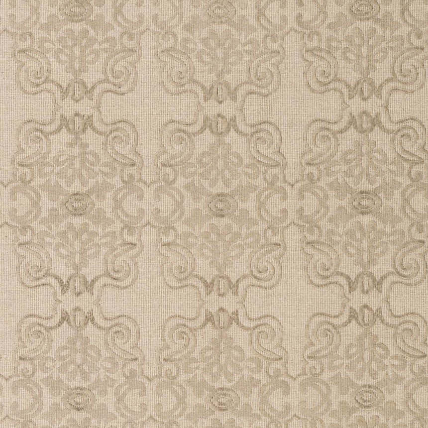 Close-up of the hand-woven Countyline Area Rug. Neutral tones and a subtle, contemporary damask pattern. Wool texture. Swatch