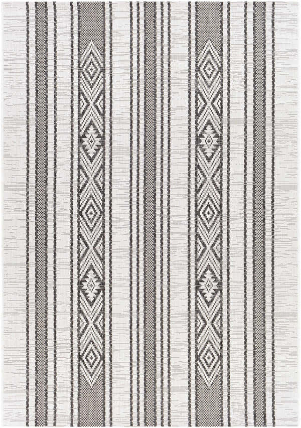 Close-up of Cowen Outdoor Area Rug. Black, charcoal, and off-white stripes with geometric diamond pattern. Bohemian style. Design-Rectangle-5377