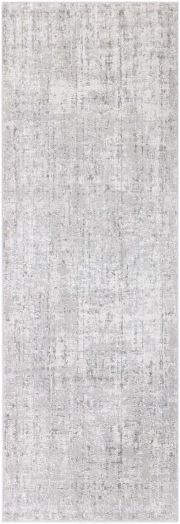Close-up of a gray Cozahome Faux Silk Rug. Abstract design with light gray, off-white, and white gray tones. Machine woven texture. Design-Runner-2777