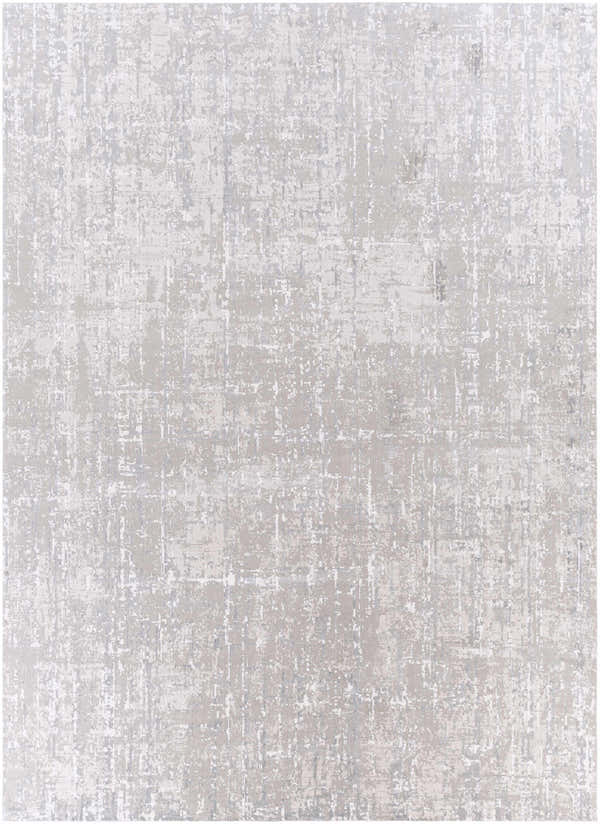 Close-up of a Cozahome Faux Silk Rug. Abstract design in gray, light gray, off white, and white gray tones. Soft texture. Design-Rectangle-710103