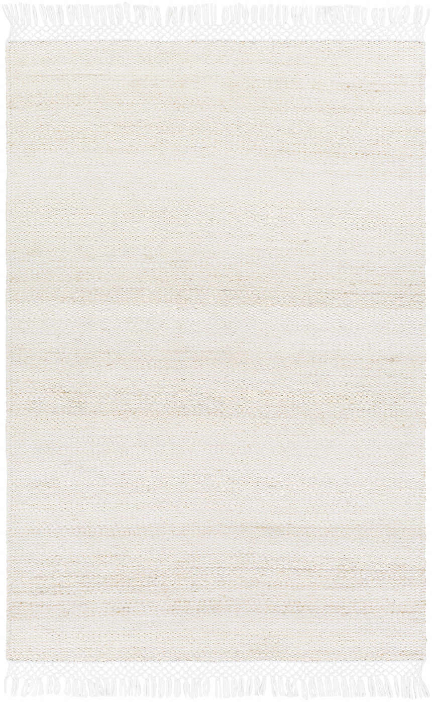 Close-up of the hand woven Cople Area Rug. Cream and off-white jute rug with fringe. Contemporary style. Design-Rectangle-576