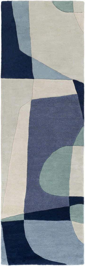 Close-up of the Crawfordsville Modern Hand Tufted Wool Rug. Features dark blue, denim, dusty sage, and oatmeal abstract shapes. Design-Runner-268