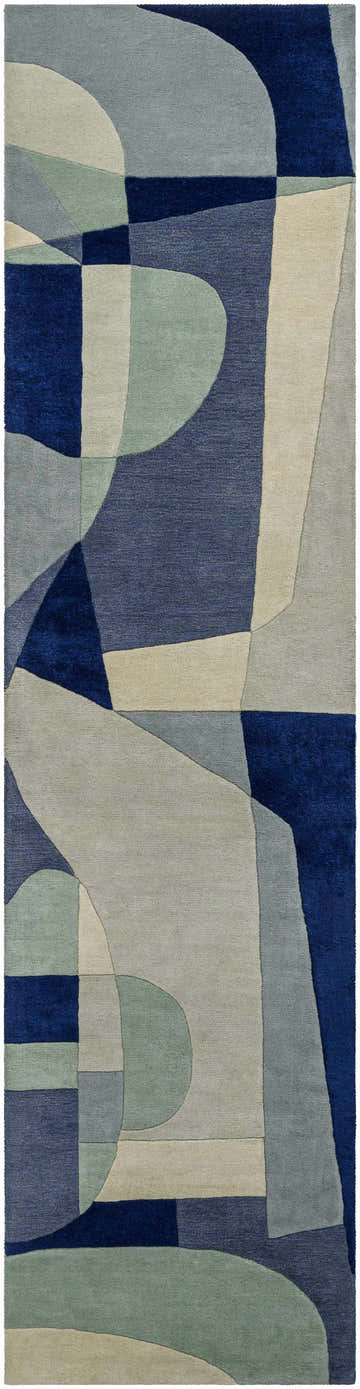 Close-up of the Crawfordsville rug. Hand-tufted wool rug in dark blue, denim, sage, gray, and oatmeal with a modern geometric pattern. Design-Runner-312