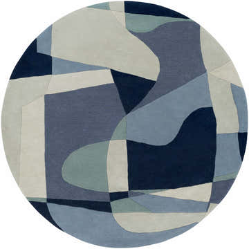 Close up of round Crawfordsville rug. Hand tufted wool rug in dark blue, denim, dusty sage, gray, navy, and oatmeal colors. Design-Round-8