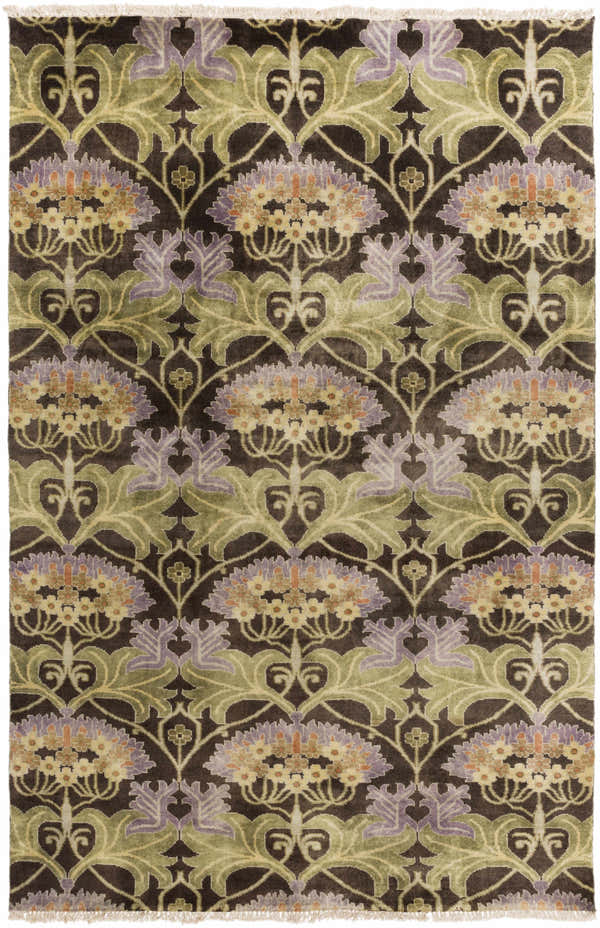 Close-up of the hand-knotted Crawley Area Carpet. Features a floral pattern in brick red, lavender, light sage, and wheat. Design-Rectangle-58
