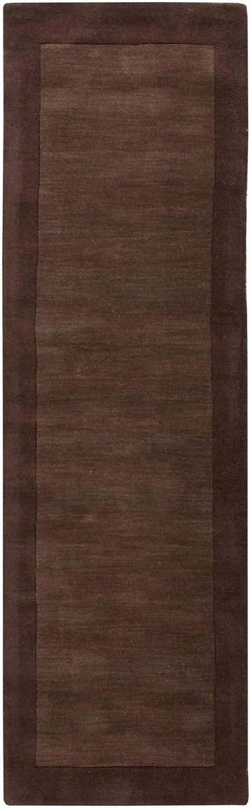 Close-up of a Bordered Solid Brown Wool Rug. The rug has a dark brown border and a slightly lighter brown center. Design-Runner-268