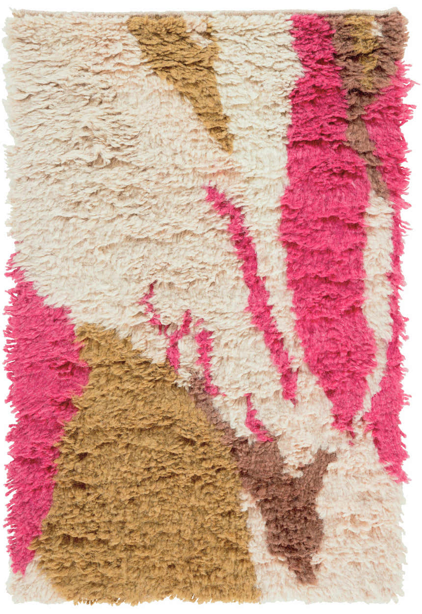 Close-up of the hand woven Crenshaw Carpet. Shag rug with a contemporary design in dark brown, light pink, and mustard wool. Design-Rectangle-23