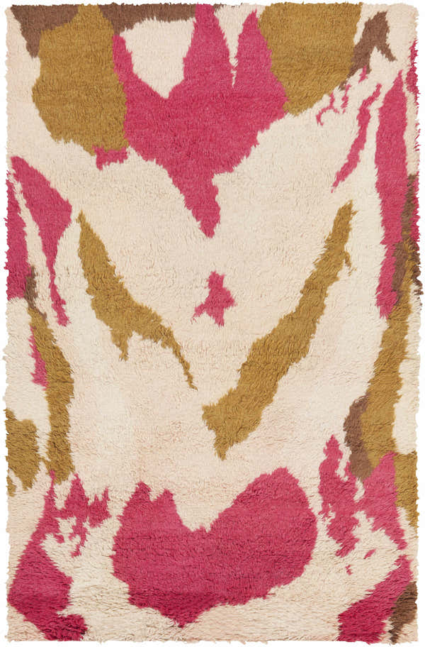Close-up of Crenshaw Carpet: a hand-woven shag rug with dark brown, light pink, and mustard abstract shapes on a cream base. Design-Rectangle-58