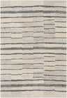 Close-up of Creswell Broken-Striped Area Rug. Hand-tufted wool rug with beige and charcoal broken horizontal stripes. Design-Rectangle-576