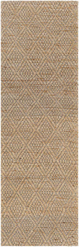 Close-up of the hand woven Buwoi Tan Jute Rug, showcasing its natural jute texture and subtle brown geometric pattern. Design-Runner-268