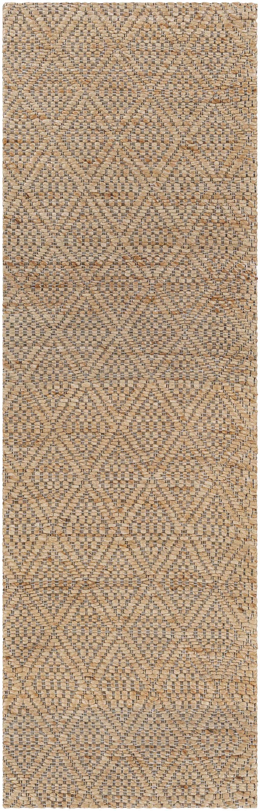Close-up of the hand woven Buwoi Tan Jute Rug, showcasing its natural jute texture and subtle brown geometric pattern. Design-Runner-268