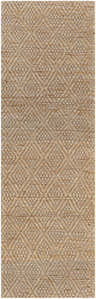Close-up of the hand woven Buwoi Tan Jute Rug, showcasing its natural jute texture and subtle brown geometric pattern. Design-Runner-268