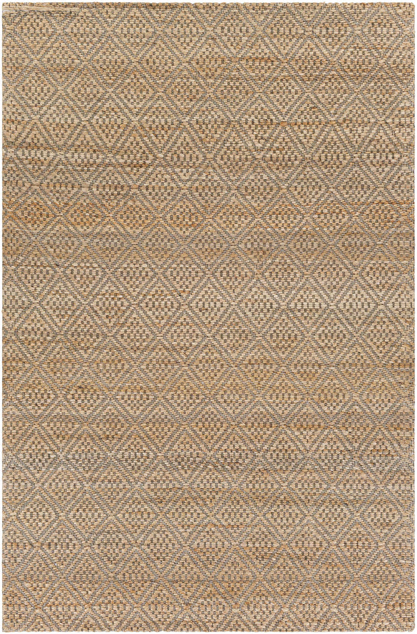 Close-up of the Buwoi Hand Woven Tan Jute Rug, featuring a diamond geometric pattern in natural jute and black fibers. Design-Rectangle-576