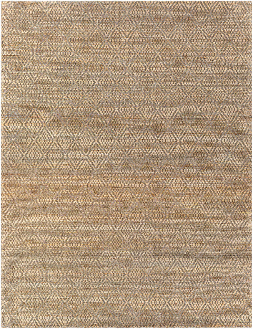 Close-up of the Buwoi Hand Woven Tan Jute Rug, featuring a diamond pattern and natural jute texture. Contemporary style. Design-Rectangle-810