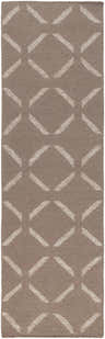 Close-up of the Cridersville Area Carpet. Taupe rug with a light gray geometric diamond pattern. Hand-woven wool texture. Design-Runner-268