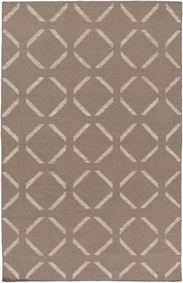 Close-up of the Cridersville Area Carpet. Taupe rug with a light gray geometric diamond pattern. Hand woven wool rug. Design-Rectangle-576