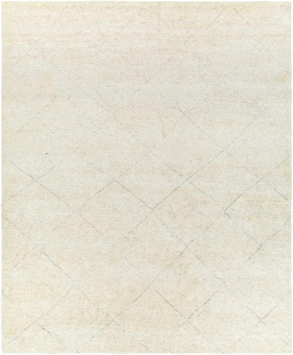 Close-up of the Caramoran Premium Rug in beige and cream with a subtle diamond pattern and hand-knotted texture. Design-Rectangle-810