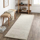 Entryway scene with beige Caramoran Premium Rug runner, wood bench, and shelf styling a contemporary farmhouse look. Roomscene-Runner