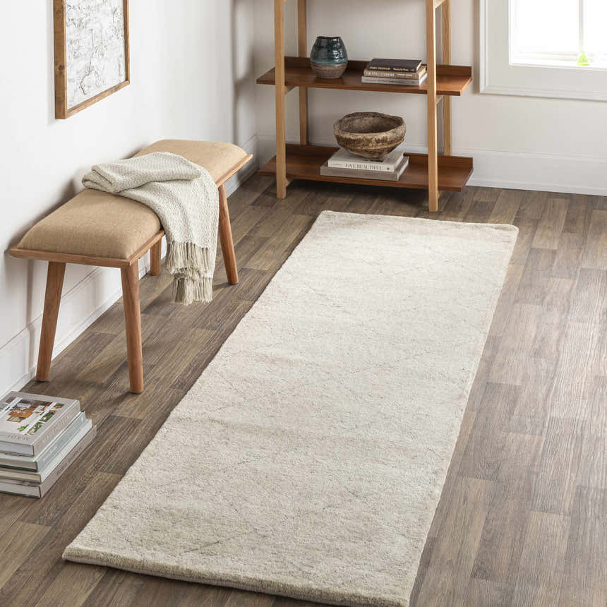 Entryway scene with beige Caramoran Premium Rug runner, wood bench, and shelf styling a contemporary farmhouse look. Roomscene-Runner