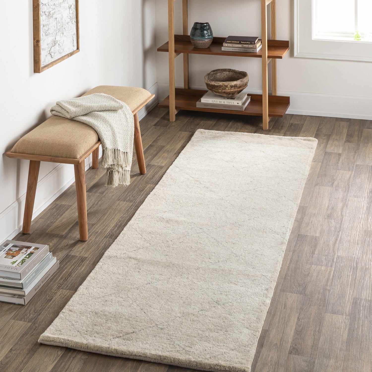 Entryway scene with beige Caramoran Premium Rug runner, wood bench, and shelf styling a contemporary farmhouse look. Roomscene-Runner